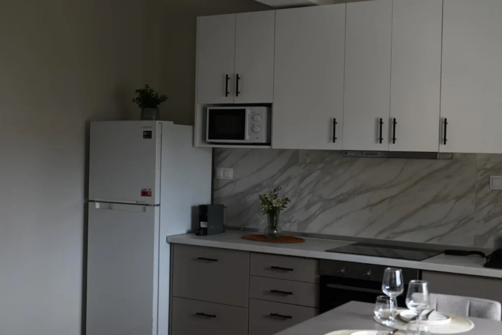 Emocean apartments kitchen with full essentials microwave frigde coffee machine oven